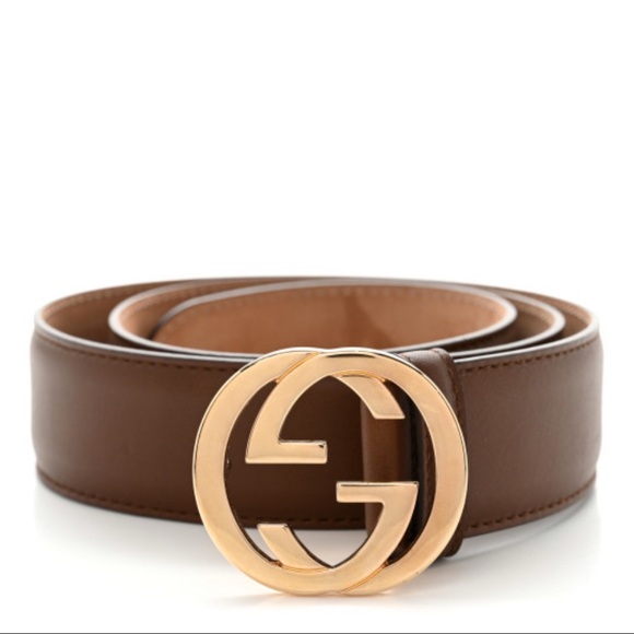 Gucci Gold Brown Leather Belt Iconic GG Buckle - Picture 1 of 8